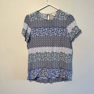 Talbots Blue and Green Floral Patterned Short Sleeve Top Small Petite